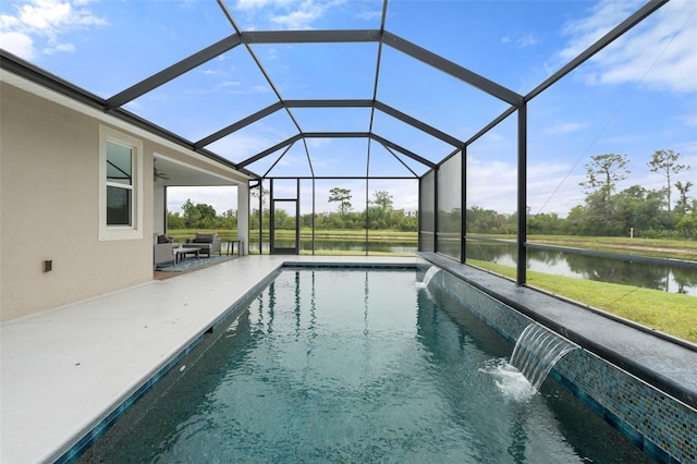 5240 Bentgrass Way, Bradenton, FL 34211 - swimming pool with a patio area, a water view, ceiling fan, and a lanai