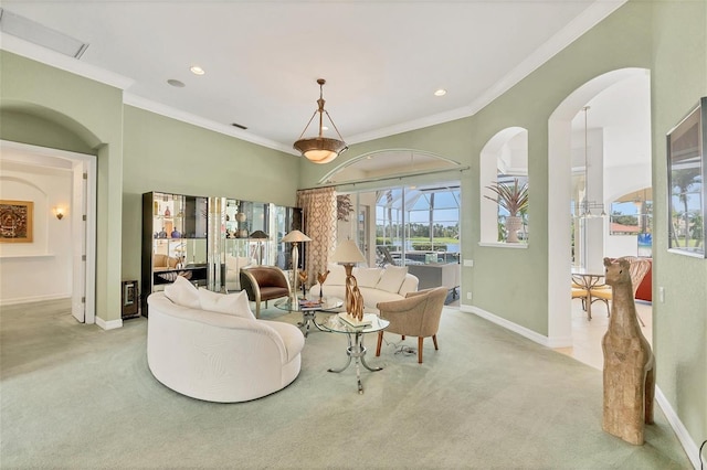 7214 Marlow Pl, University Park, FL 34201 - living area featuring carpet flooring, ornamental molding, and recessed lighting