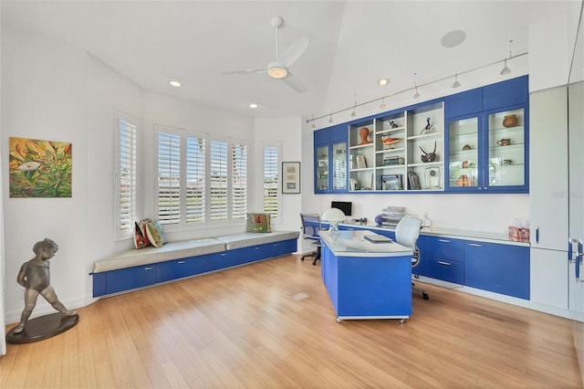 7214 Marlow Pl, University Park, FL 34201 - office area with a ceiling fan, light wood-type flooring, vaulted ceiling, built in desk, and recessed lighting