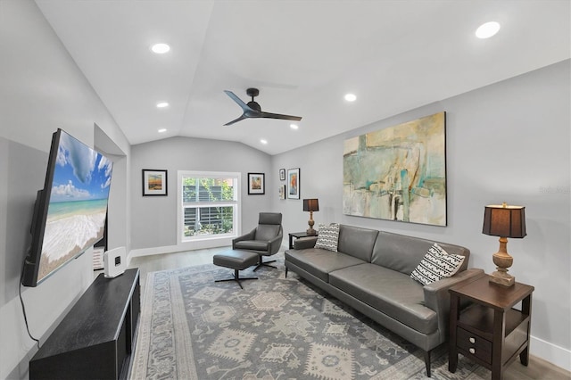 1919 Laurel St, Sarasota, FL 34236 - living room featuring ceiling fan, lofted ceiling, recessed lighting, and wood finished floors