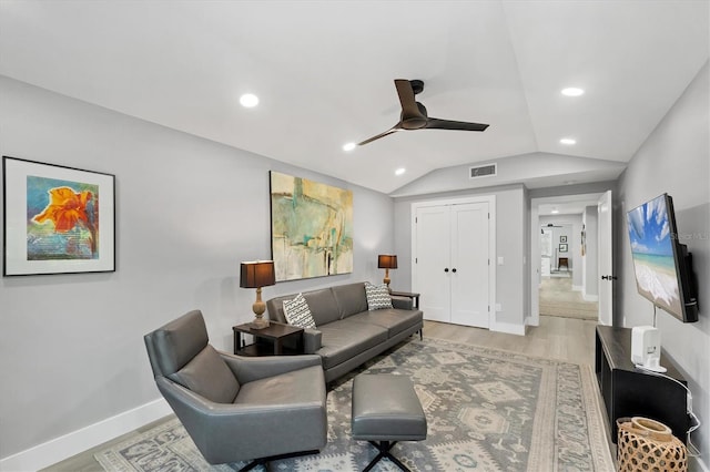 1919 Laurel St, Sarasota, FL 34236 - living area with light wood-style flooring, ceiling fan, recessed lighting, and vaulted ceiling