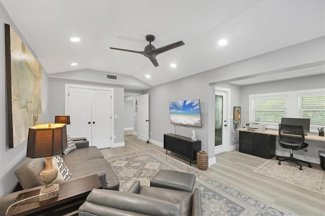 1919 Laurel St, Sarasota, FL 34236 - living room with ceiling fan, a desk, light wood-style floors, recessed lighting, and lofted ceiling