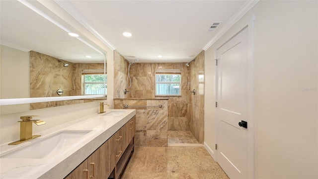 1203 Lyric Ln, Sarasota, FL 34242 - bathroom with a walk in shower, double vanity, ornamental molding, and recessed lighting