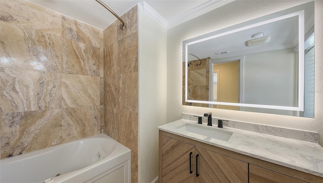 1203 Lyric Ln, Sarasota, FL 34242 - bathroom with ornamental molding, vanity, and a combined bath / shower with jetted tub