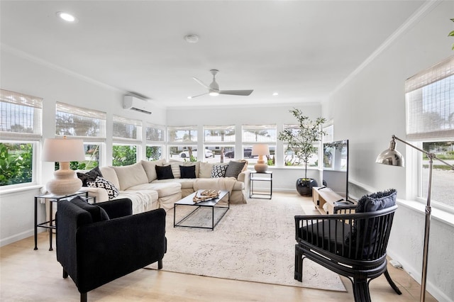 404 Bayshore Rd, Nokomis, FL 34275 - living room with a wall mounted air conditioner, healthy amount of natural light, ornamental molding, and a ceiling fan