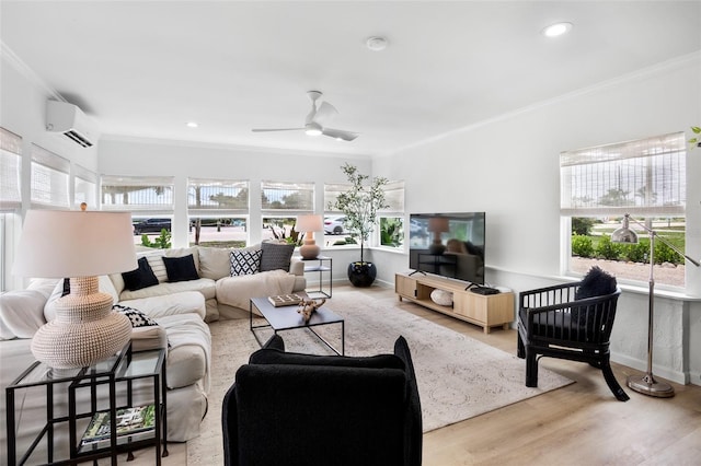404 Bayshore Rd, Nokomis, FL 34275 - living area featuring healthy amount of natural light, crown molding, a ceiling fan, wood finished floors, and an AC wall unit