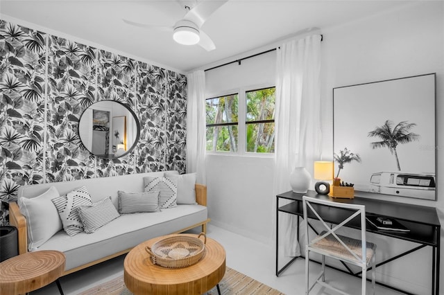 404 Bayshore Rd, Nokomis, FL 34275 - living room featuring wallpapered walls, wood finished floors, and a ceiling fan