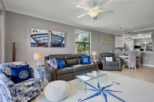 6515 Grand Estuary Trl Unit 208, Bradenton, FL 34212 - living room with plenty of natural light, ornamental molding, ceiling fan, baseboards, and tile patterned flooring