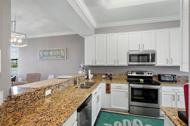 6515 Grand Estuary Trl Unit 208, Bradenton, FL 34212 - kitchen with stainless steel appliances, a sink, ornamental molding, white cabinetry, and a peninsula