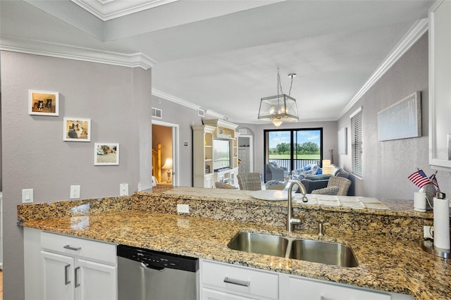 6515 Grand Estuary Trl Unit 208, Bradenton, FL 34212 - kitchen featuring dishwasher, a sink, open floor plan, white cabinets, and crown molding