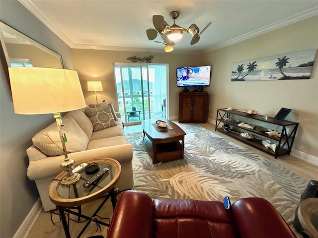3272 Lake Bayshore Dr Unit 515, Bradenton, FL 34205 - living area with ceiling fan, baseboards, and ornamental molding
