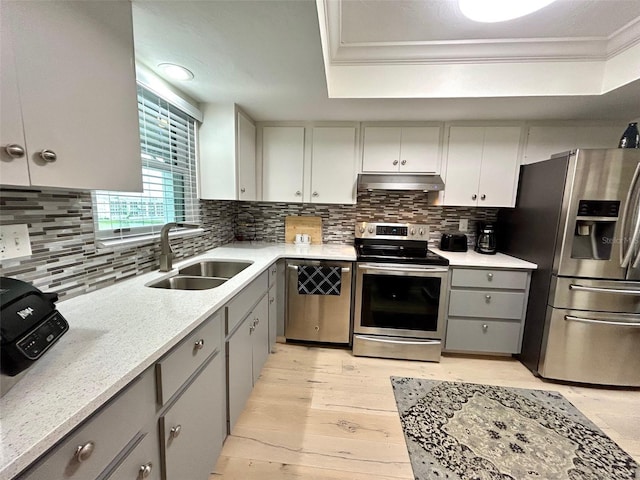 3272 Lake Bayshore Dr Unit 515, Bradenton, FL 34205 - kitchen featuring appliances with stainless steel finishes, under cabinet range hood, a sink, gray cabinetry, and light wood-style flooring