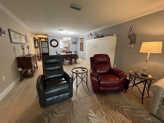 3272 Lake Bayshore Dr Unit 515, Bradenton, FL 34205 - living room featuring wood finished floors, crown molding, a chandelier, and baseboards