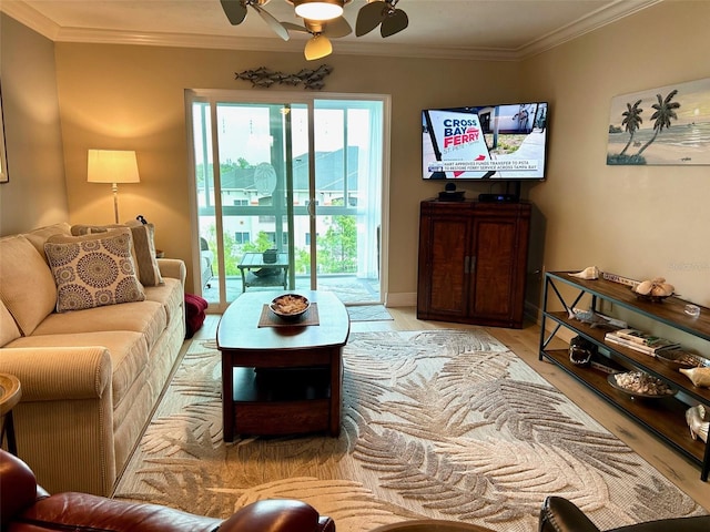 3272 Lake Bayshore Dr Unit 515, Bradenton, FL 34205 - living area featuring ceiling fan, light wood-type flooring, crown molding, and baseboards