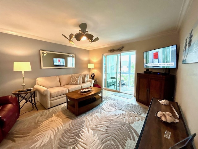 3272 Lake Bayshore Dr Unit 515, Bradenton, FL 34205 - living area featuring ornamental molding and a ceiling fan