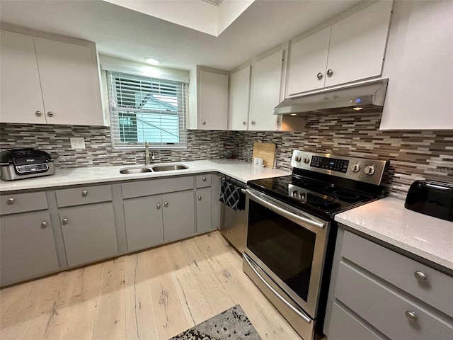 3272 Lake Bayshore Dr Unit 515, Bradenton, FL 34205 - kitchen featuring stainless steel appliances, under cabinet range hood, gray cabinetry, a sink, and light wood-style floors