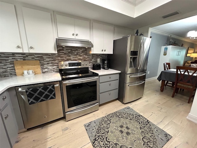 3272 Lake Bayshore Dr Unit 515, Bradenton, FL 34205 - kitchen featuring appliances with stainless steel finishes, under cabinet range hood, crown molding, light wood-type flooring, and light countertops