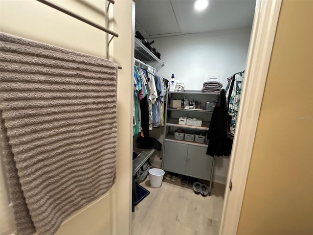 3272 Lake Bayshore Dr Unit 515, Bradenton, FL 34205 - walk in closet featuring wood finished floors and attic access