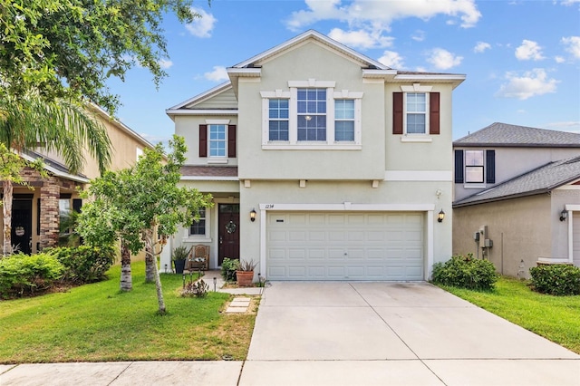 1234 Harbour Blue St, Ruskin, FL 33570 - traditional-style house with stucco siding, concrete driveway, a front lawn, and a garage