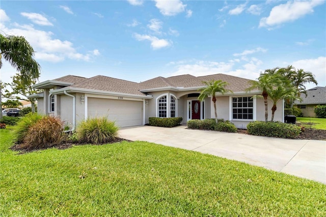 2199 Palm Ct, North Port, FL 34287 - ranch-style house with stucco siding, an attached garage, concrete driveway, and a front yard