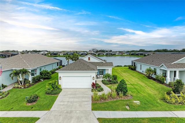 4625 Canoe Creek Ave, Parrish, FL 34219 - ranch-style house with a residential view, an attached garage, a front lawn, a water view, and driveway