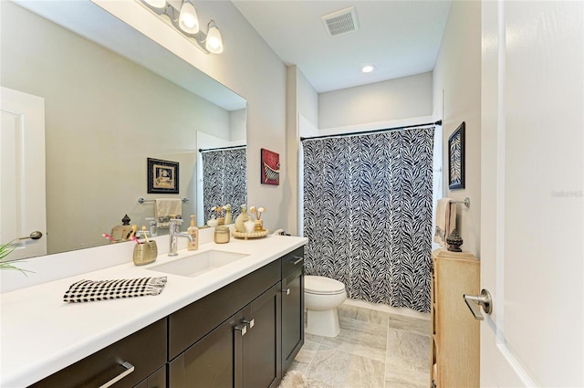4625 Canoe Creek Ave, Parrish, FL 34219 - bathroom featuring vanity, toilet, a shower with curtain, and marble finish floors