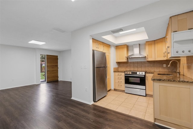 5356 Royal Palm Ave Unit 5356, Sarasota, FL 34234 - kitchen with range with electric stovetop, freestanding refrigerator, wall chimney exhaust hood, a sink, and light wood-style floors