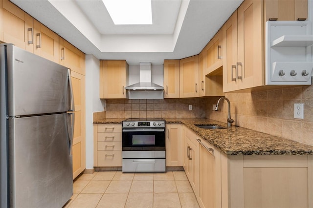 5356 Royal Palm Ave Unit 5356, Sarasota, FL 34234 - kitchen with appliances with stainless steel finishes, wall chimney exhaust hood, a sink, dark stone counters, and backsplash