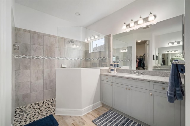 10423 Morning Marsh Ln, Parrish, FL 34219 - bathroom with a walk in shower, vanity, a walk in closet, and wood finished floors