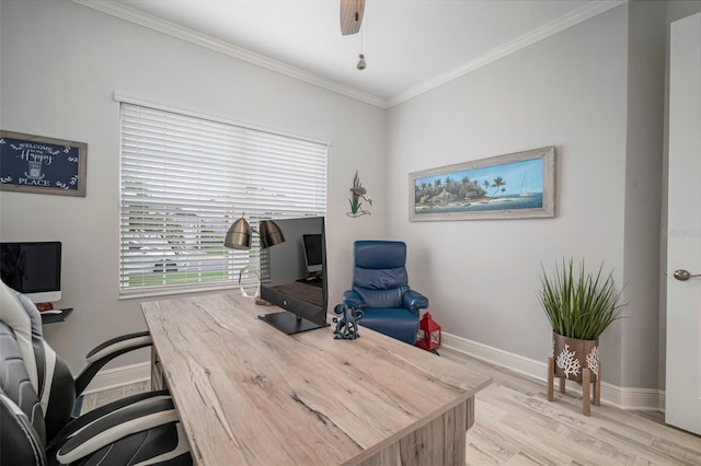 10423 Morning Marsh Ln, Parrish, FL 34219 - office area with light wood finished floors, crown molding, baseboards, and a ceiling fan