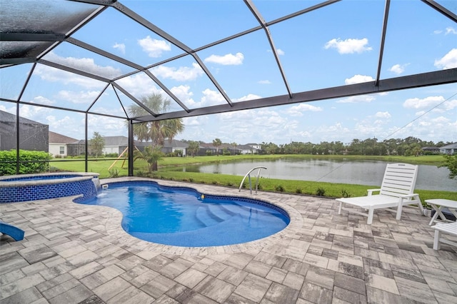 10423 Morning Marsh Ln, Parrish, FL 34219 - view of swimming pool with a patio area, a water view, a pool with connected hot tub, and a lanai