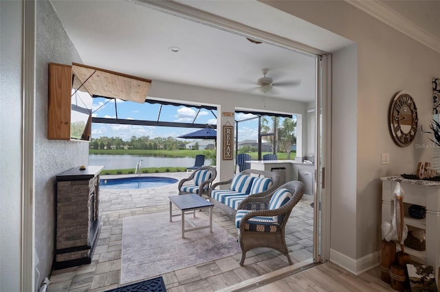 10423 Morning Marsh Ln, Parrish, FL 34219 - sunroom featuring a ceiling fan, a water view, a jacuzzi, and a swimming pool
