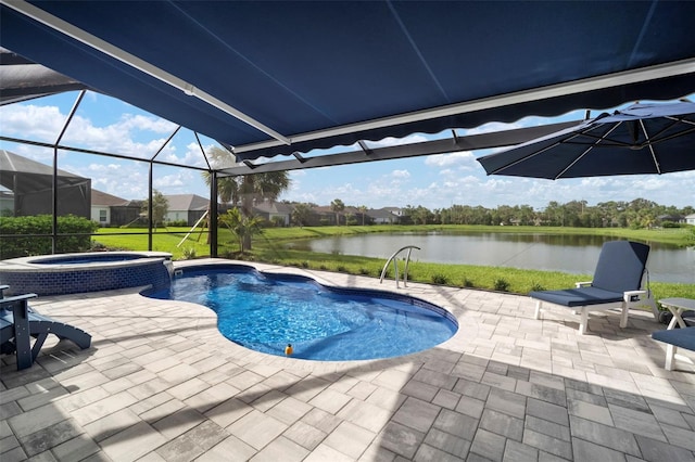 10423 Morning Marsh Ln, Parrish, FL 34219 - view of pool with a patio area, a water view, a pool with connected hot tub, and a lanai