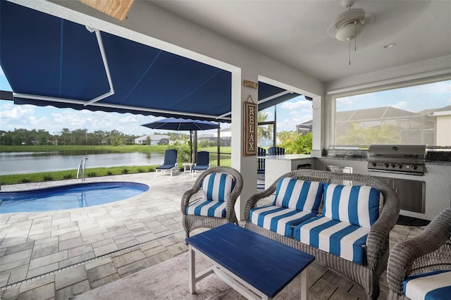 10423 Morning Marsh Ln, Parrish, FL 34219 - view of patio / terrace with a water view, ceiling fan, an outdoor pool, and an outdoor hangout area
