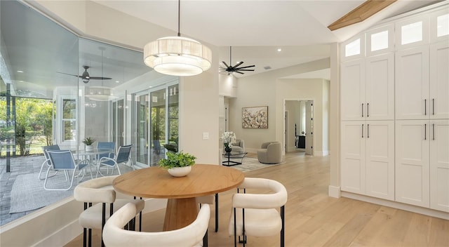 6641 Saint James Xing, University Park, FL 34201 - dining area featuring a ceiling fan, light wood finished floors, lofted ceiling, baseboards, and recessed lighting