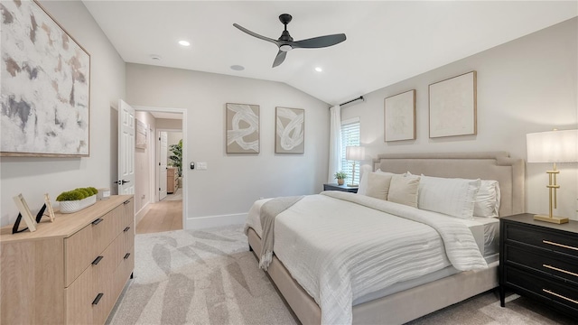 6641 Saint James Xing, University Park, FL 34201 - bedroom with light colored carpet, recessed lighting, lofted ceiling, a ceiling fan, and baseboards