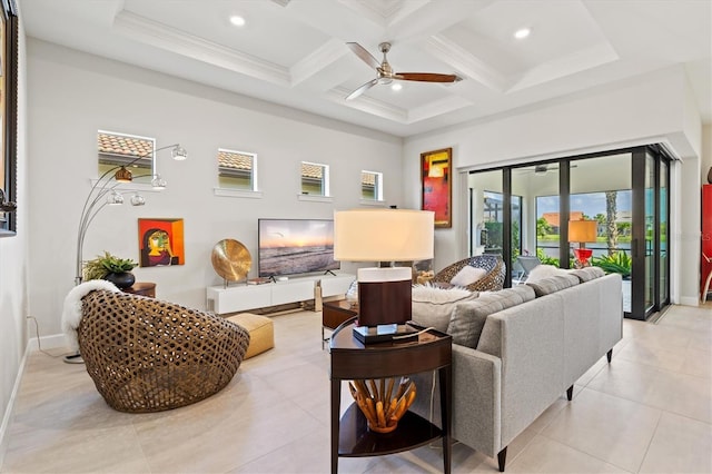 5740 Eagle Creek Rd, Sarasota, FL 34238 - living area with plenty of natural light, a ceiling fan, beamed ceiling, coffered ceiling, and light tile patterned floors