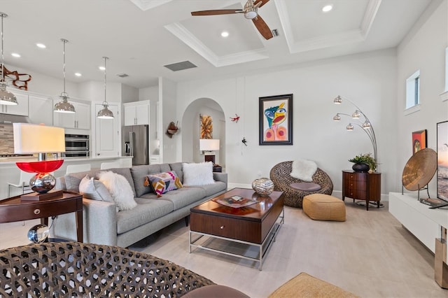 5740 Eagle Creek Rd, Sarasota, FL 34238 - living area with arched walkways, recessed lighting, a ceiling fan, coffered ceiling, and crown molding