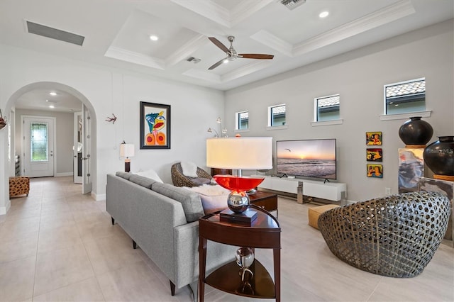 5740 Eagle Creek Rd, Sarasota, FL 34238 - living area featuring arched walkways, crown molding, ceiling fan, coffered ceiling, and baseboards