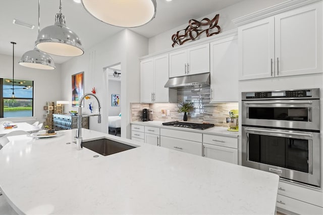 5740 Eagle Creek Rd, Sarasota, FL 34238 - kitchen with appliances with stainless steel finishes, under cabinet range hood, decorative backsplash, and white cabinets