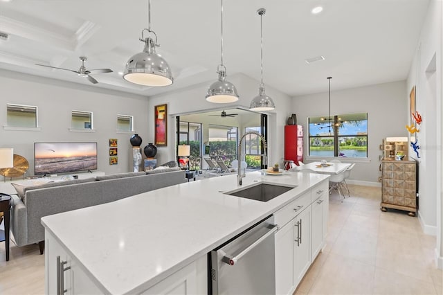 5740 Eagle Creek Rd, Sarasota, FL 34238 - kitchen with dishwasher, ceiling fan, a sink, open floor plan, and coffered ceiling