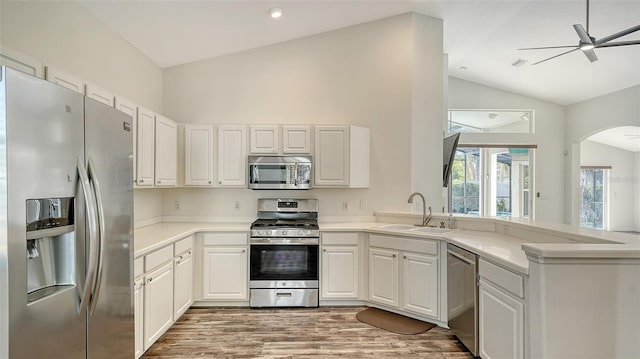 6213 Willet Ct, Lakewood Ranch, FL 34202 - kitchen featuring stainless steel appliances, a sink, lofted ceiling, a peninsula, and arched walkways