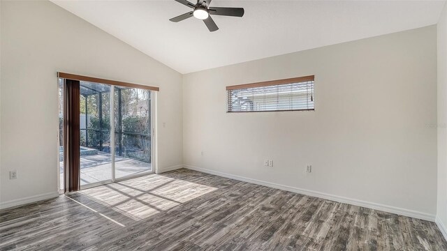 6213 Willet Ct, Lakewood Ranch, FL 34202 - spare room with ceiling fan, wood finished floors, baseboards, and high vaulted ceiling