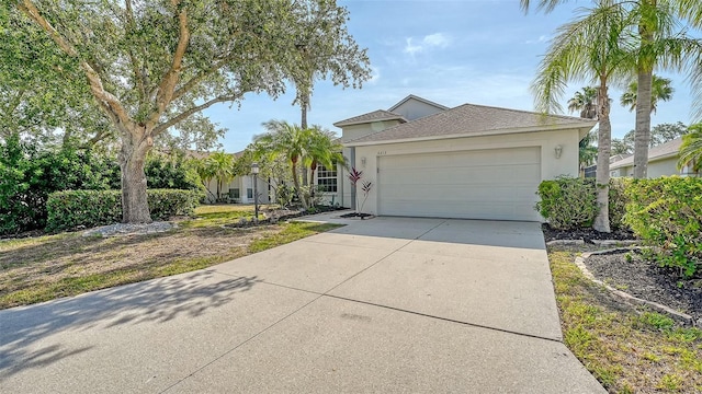 6213 Willet Ct, Lakewood Ranch, FL 34202 - view of front of house with an attached garage, concrete driveway, stucco siding, and a shingled roof