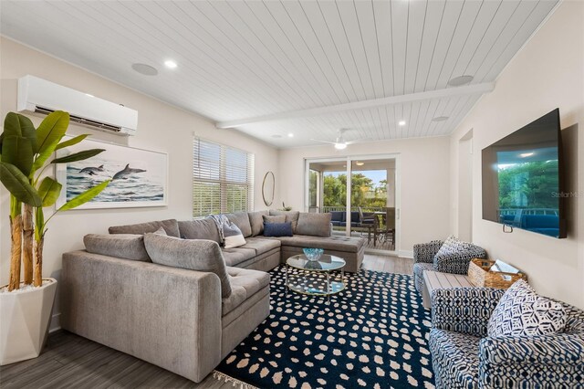4321 Marina View Way, Cortez, FL 34215 - living area featuring a wall mounted AC, wood finished floors, wooden ceiling with exposed beams, recessed lighting, and ceiling fan