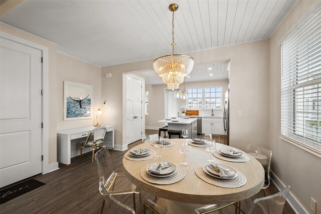 4321 Marina View Way, Cortez, FL 34215 - dining area with dark wood finished floors, baseboards, a chandelier, an office area, and wooden ceiling