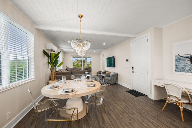 4321 Marina View Way, Cortez, FL 34215 - dining space with dark wood finished floors, wood ceiling with exposed beams, baseboards, a chandelier, and a wall mounted air conditioner