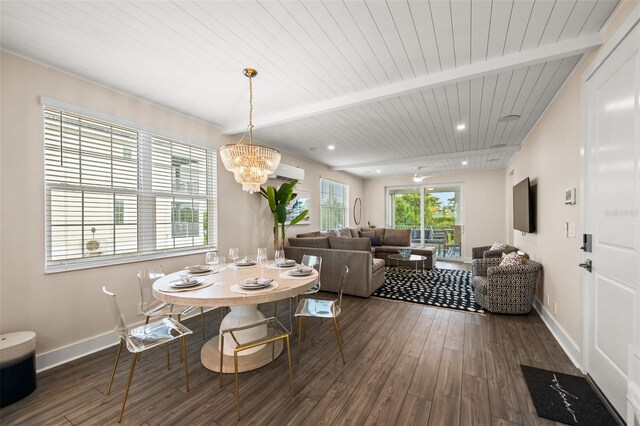 4321 Marina View Way, Cortez, FL 34215 - dining room featuring dark wood-style floors, a chandelier, baseboards, a wall mounted AC, and wooden ceiling with exposed beams