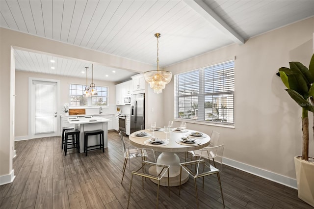 4321 Marina View Way, Cortez, FL 34215 - dining area featuring a chandelier, baseboards, wooden ceiling with exposed beams, dark wood-type flooring, and recessed lighting