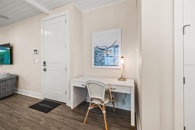 4321 Marina View Way, Cortez, FL 34215 - office with dark wood finished floors, built in desk, baseboards, and ornamental molding